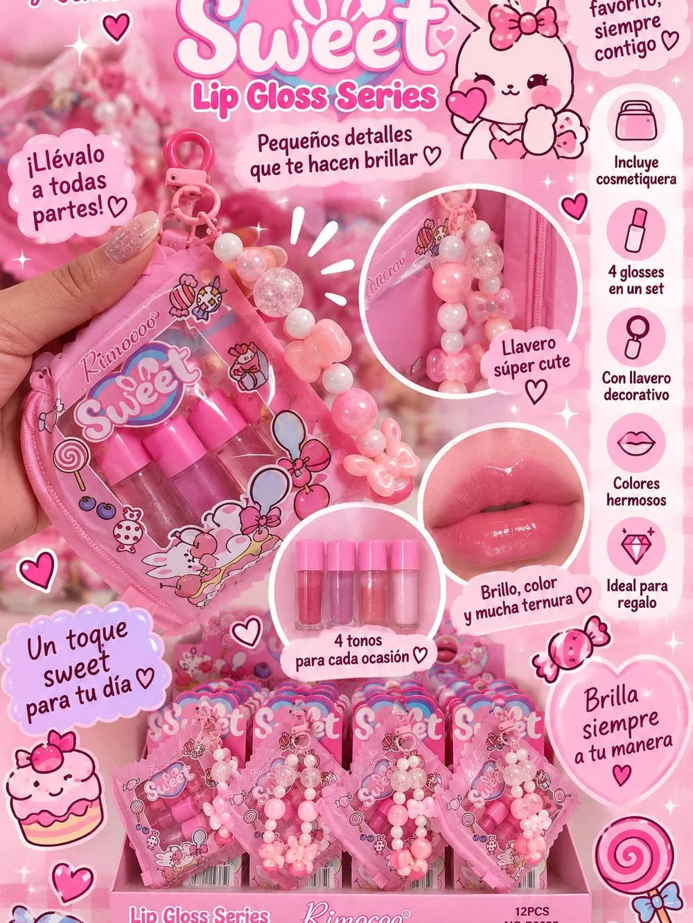 4-Piece pH Lip Gloss Set with Mini Makeup Bag & Keychain